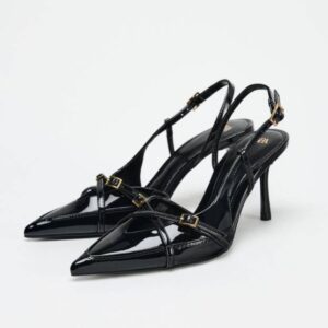 crackled patent effect black heel